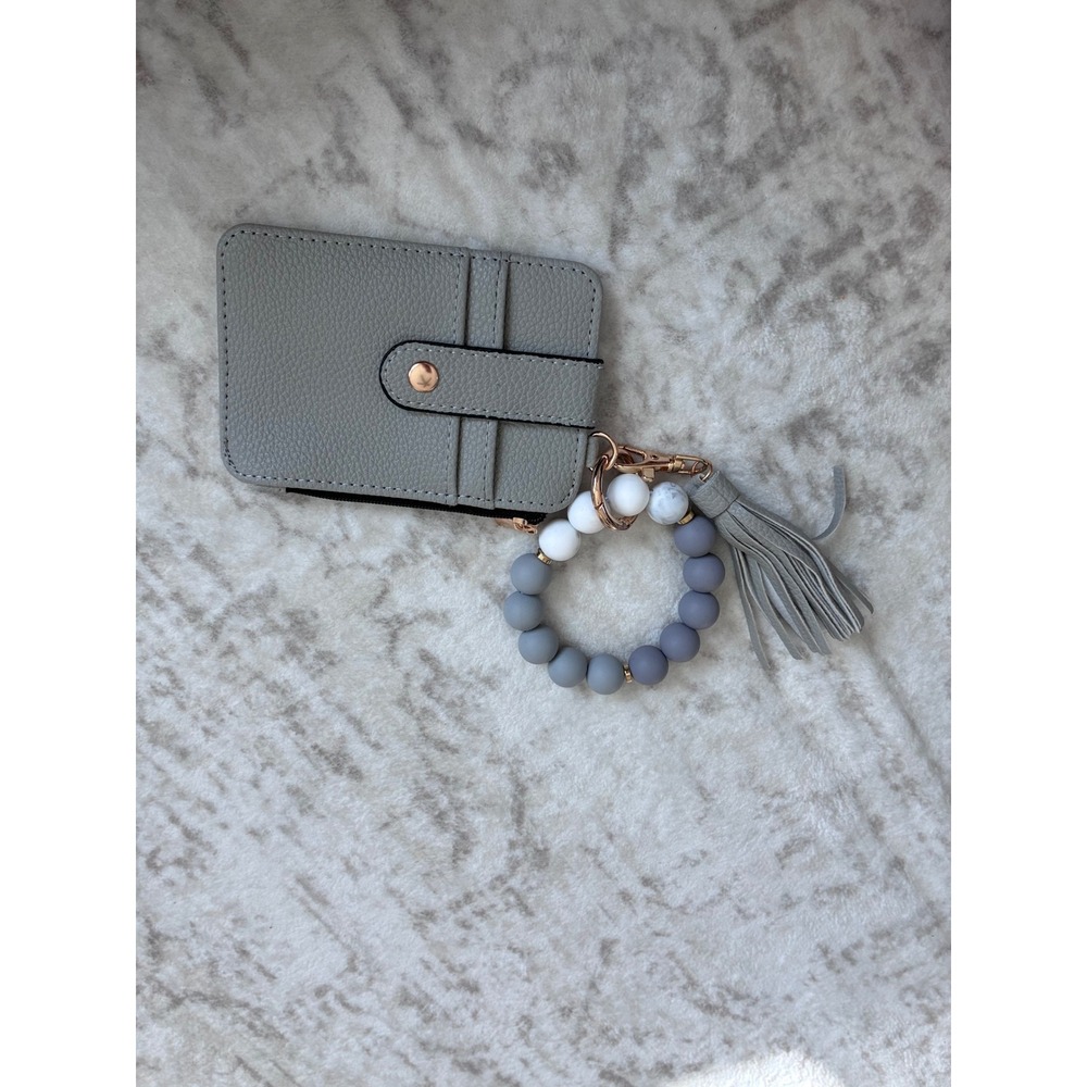 Grey Vegan Leather Card Holder‎ Wallet with Silicone Bead Wristlet Keychain
